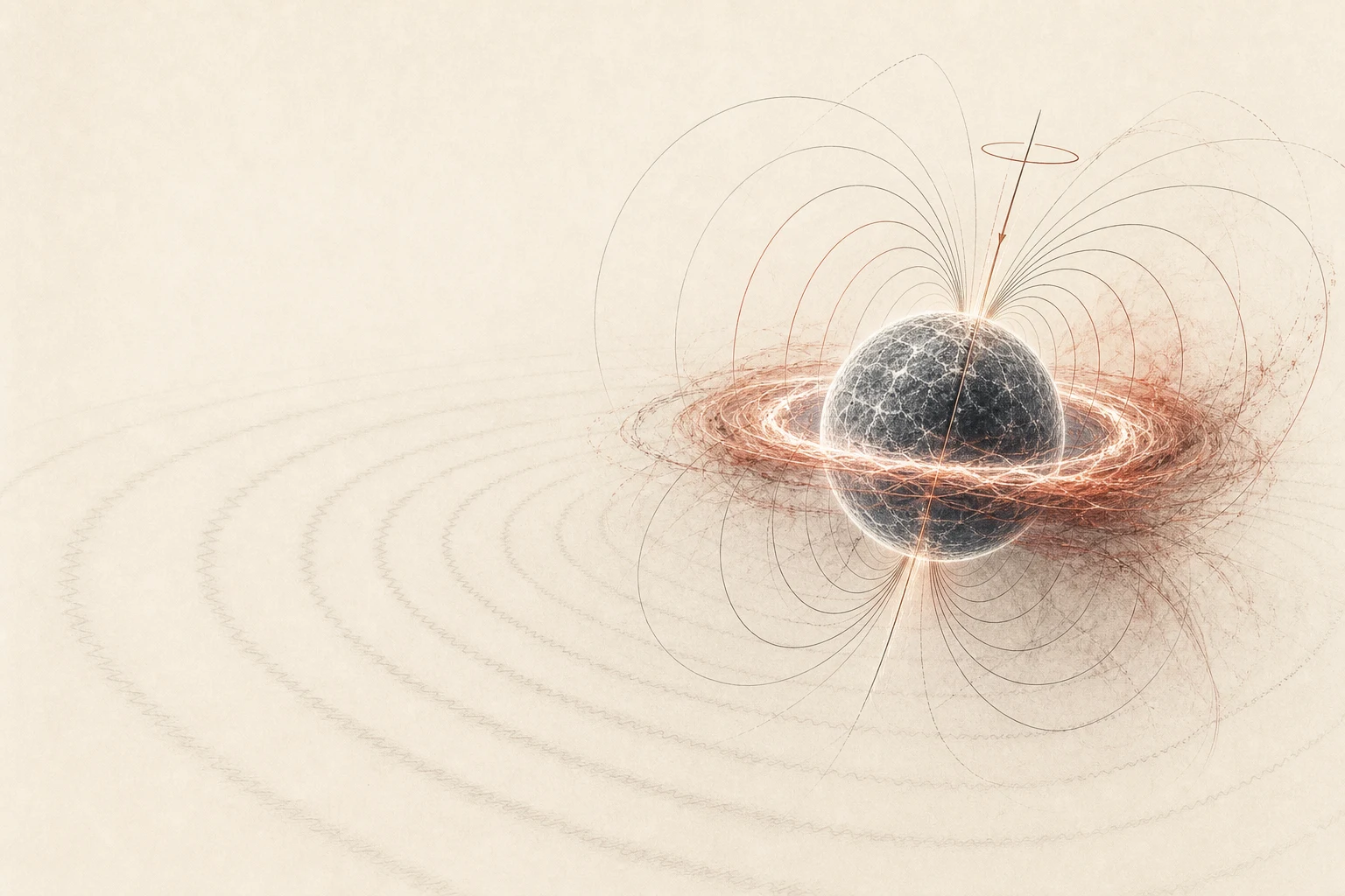 Editorial visualization of a magnetized neutron star emitting gravitational waves